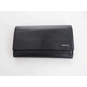 Tumi Black Leather Trifold Wallet Organizer Red Interior ID Window